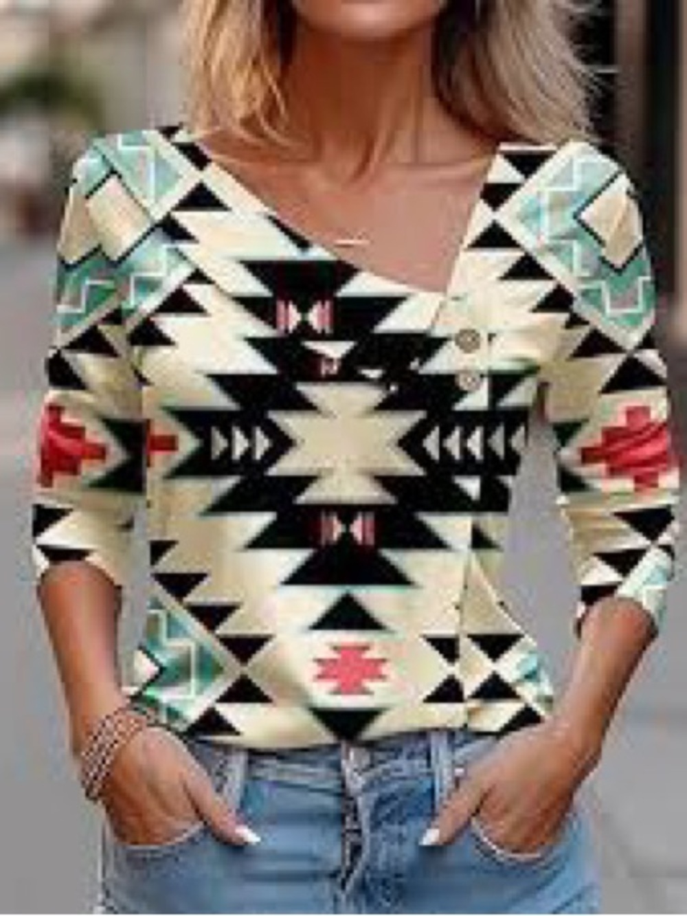 Aztec Print V-Neck Long Sleeve Top in Cream, Black and Teal